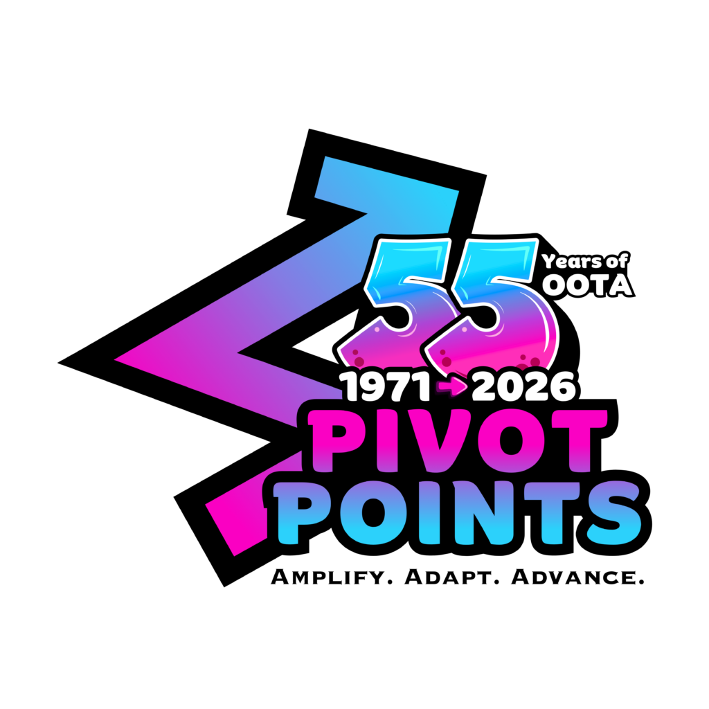 This year's conference logo includes a large gradient zig-zag arrow paired with a large "55" to commemorate 55 years of Ohio Occupational Therapy Association, Inc. The theme is spelled out below, "Pivot Points, Amplify, Adapt, Advance."